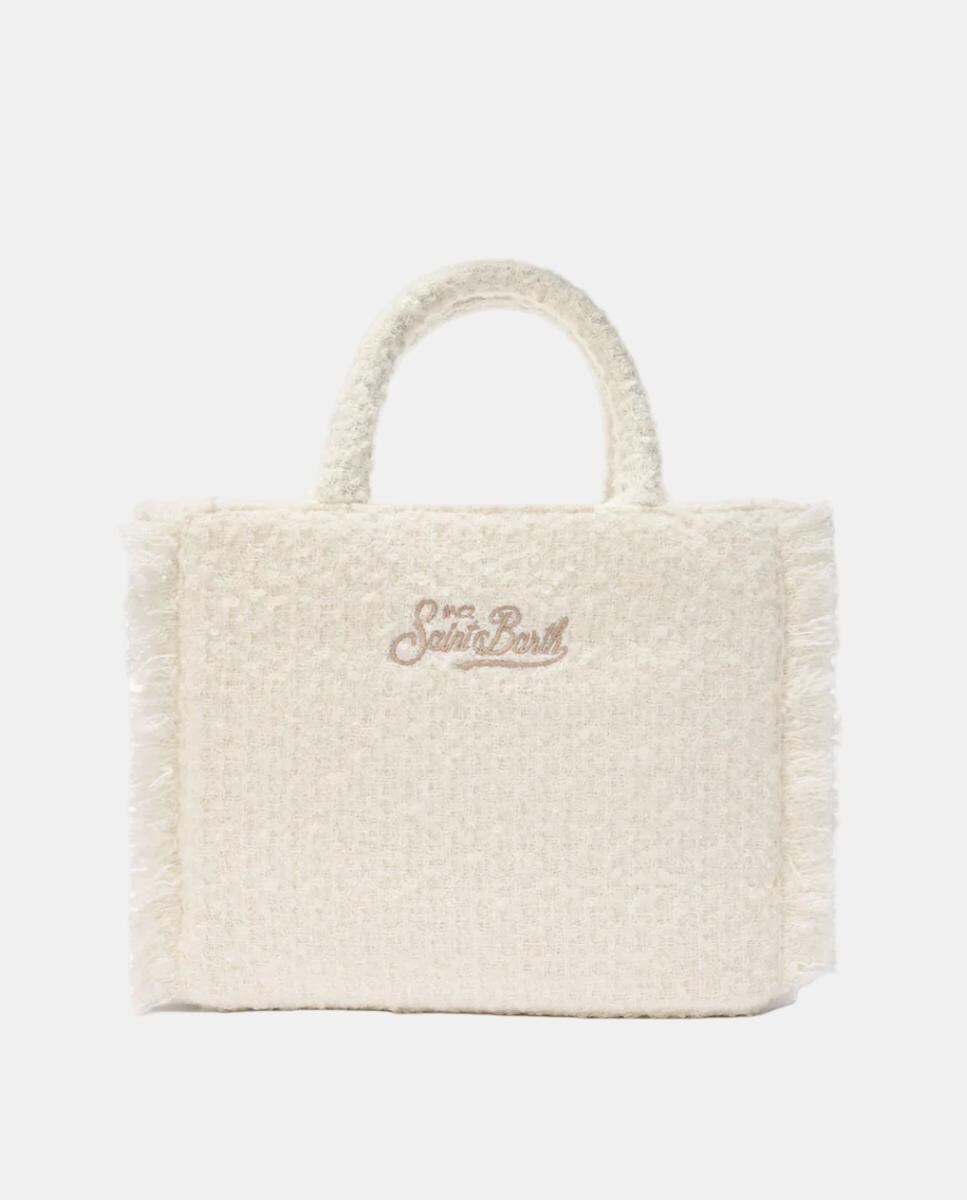 Mala Grande sem Estrutura com Alça de Tiracolo Desmontável de Poliéster e Lã e Logótipo Bordado em Contraste à Frente - Bege Branco-2