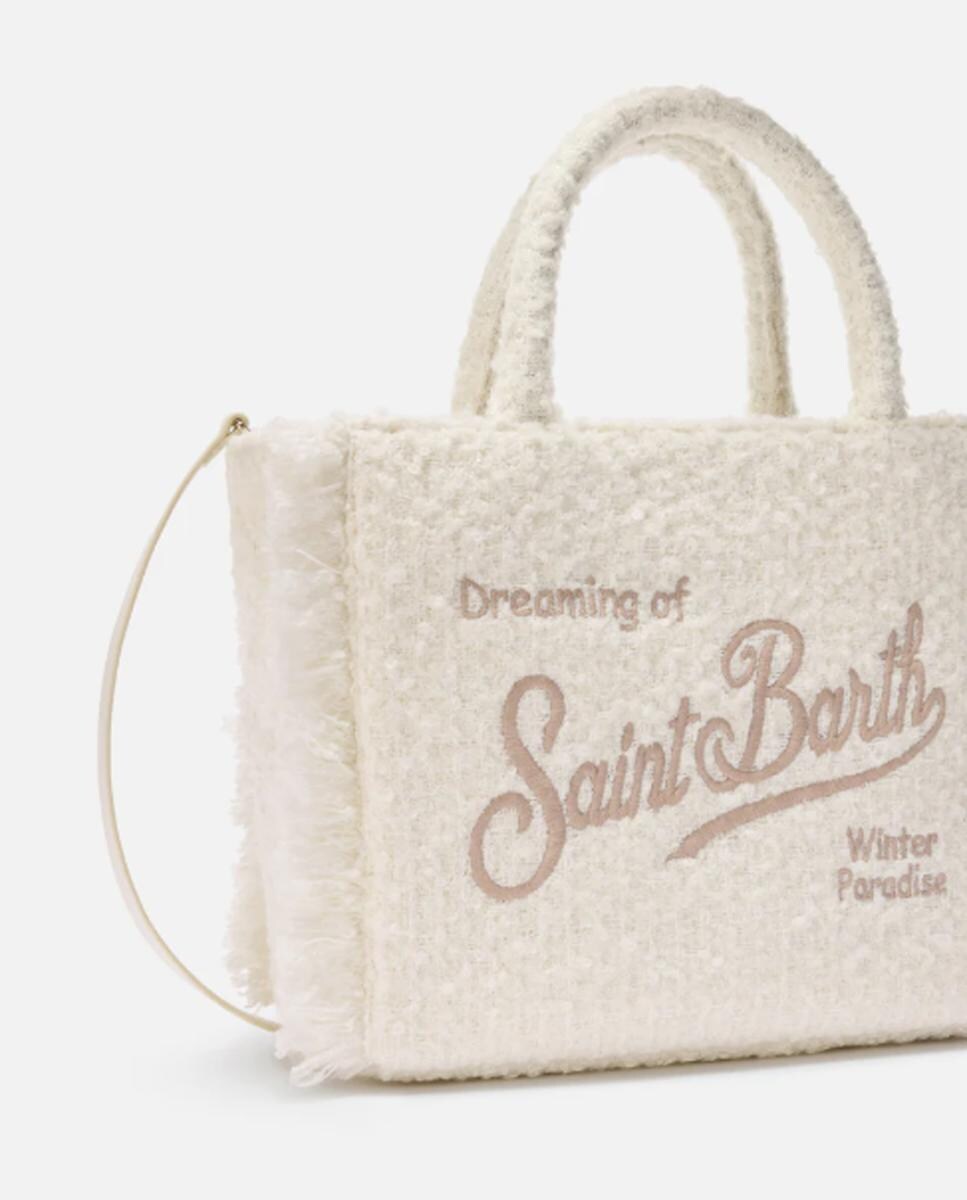 Mala Grande sem Estrutura com Alça de Tiracolo Desmontável de Poliéster e Lã e Logótipo Bordado em Contraste à Frente - Bege Branco-3