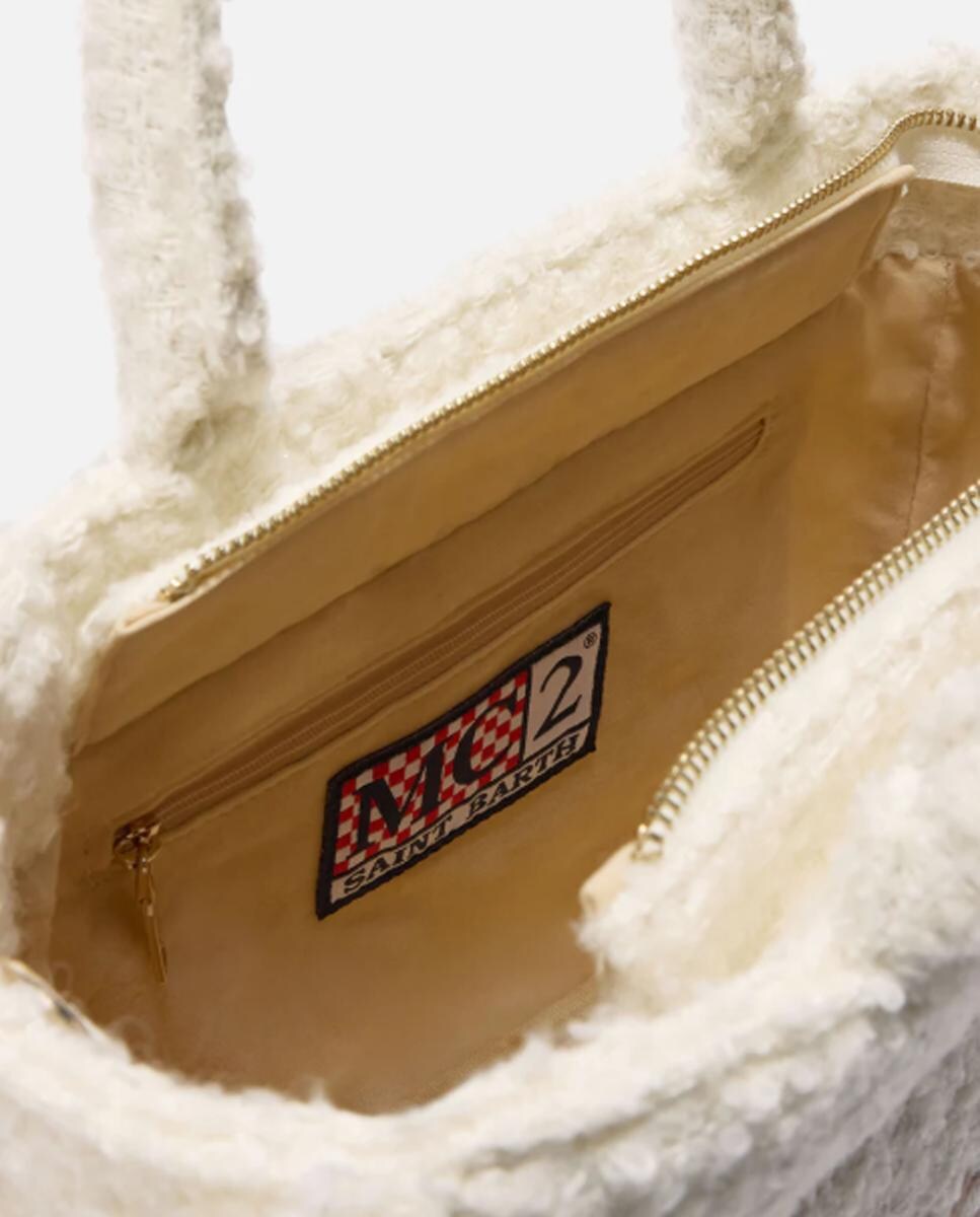 Mala Grande sem Estrutura com Alça de Tiracolo Desmontável de Poliéster e Lã e Logótipo Bordado em Contraste à Frente - Bege Branco-4