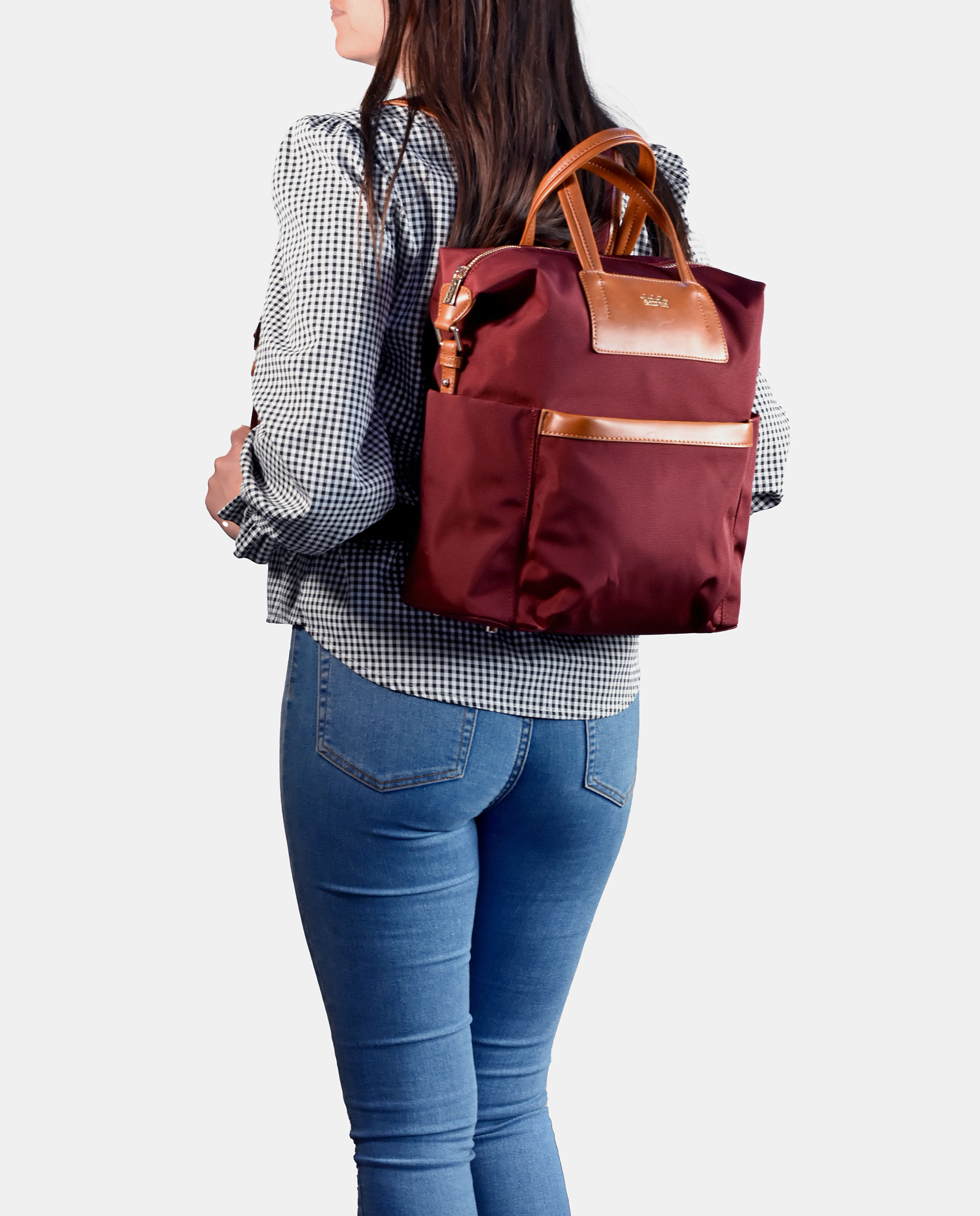 Mochila mujer EL CABALLO en Nylon color burdeos y cuero - Burdeos Burdeos-4