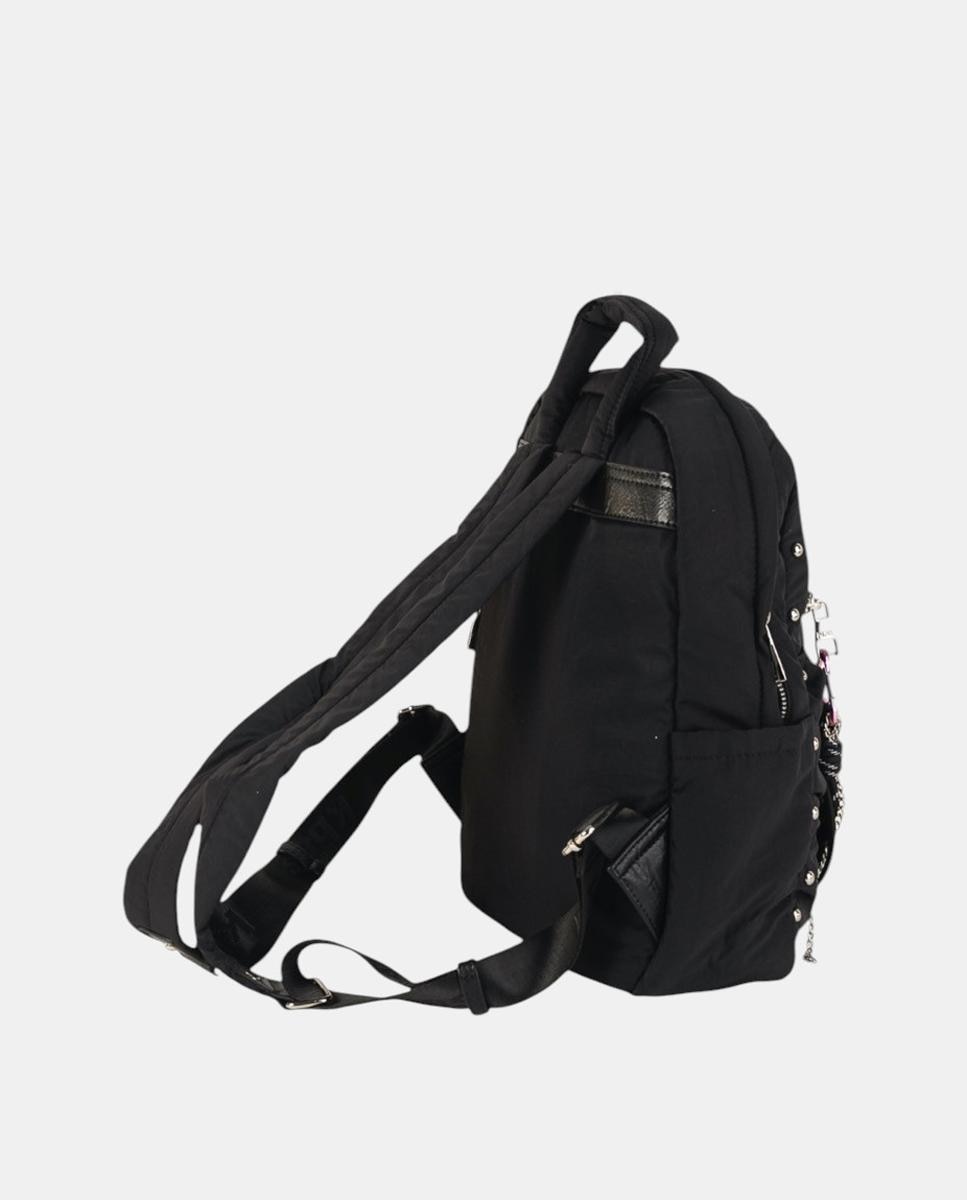 Mochila de Nylon Ligeiro com Bolso à Frente e Tachas Metálicas Preto-2