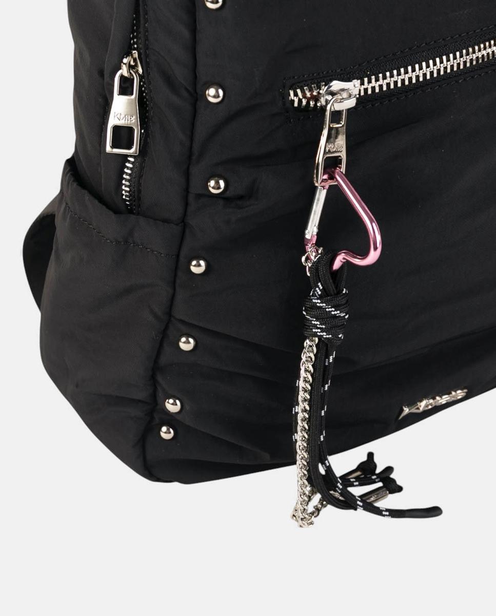 Mochila de Nylon Ligeiro com Bolso à Frente e Tachas Metálicas Preto-3