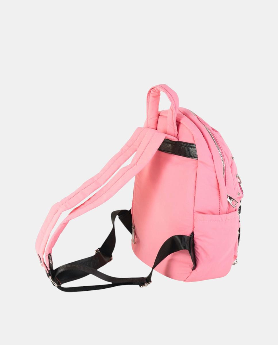 Mochila de Nylon Ligeiro com Bolso à Frente e Tachas Metálicas Rosa-2