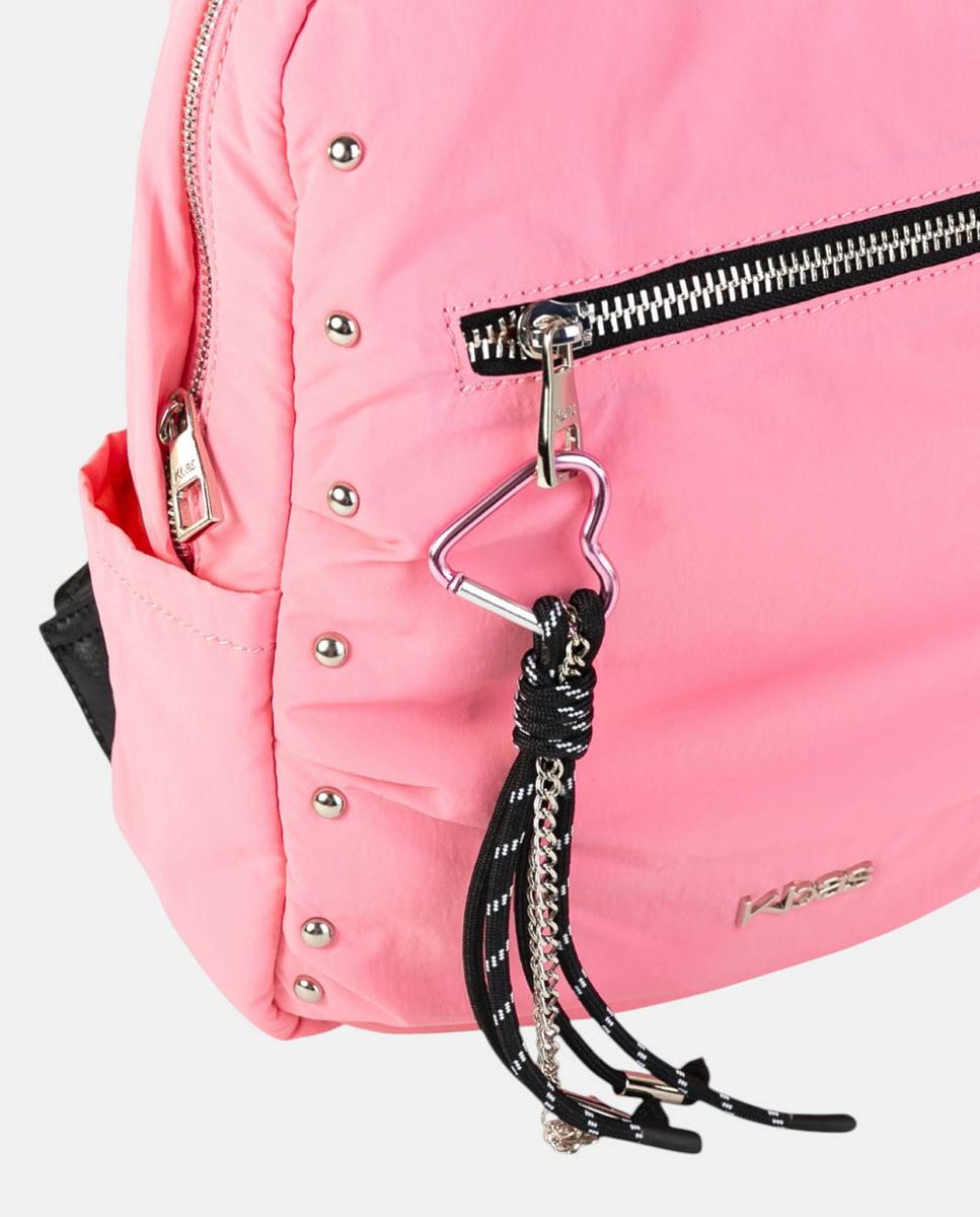 Mochila de Nylon Ligeiro com Bolso à Frente e Tachas Metálicas Rosa-3