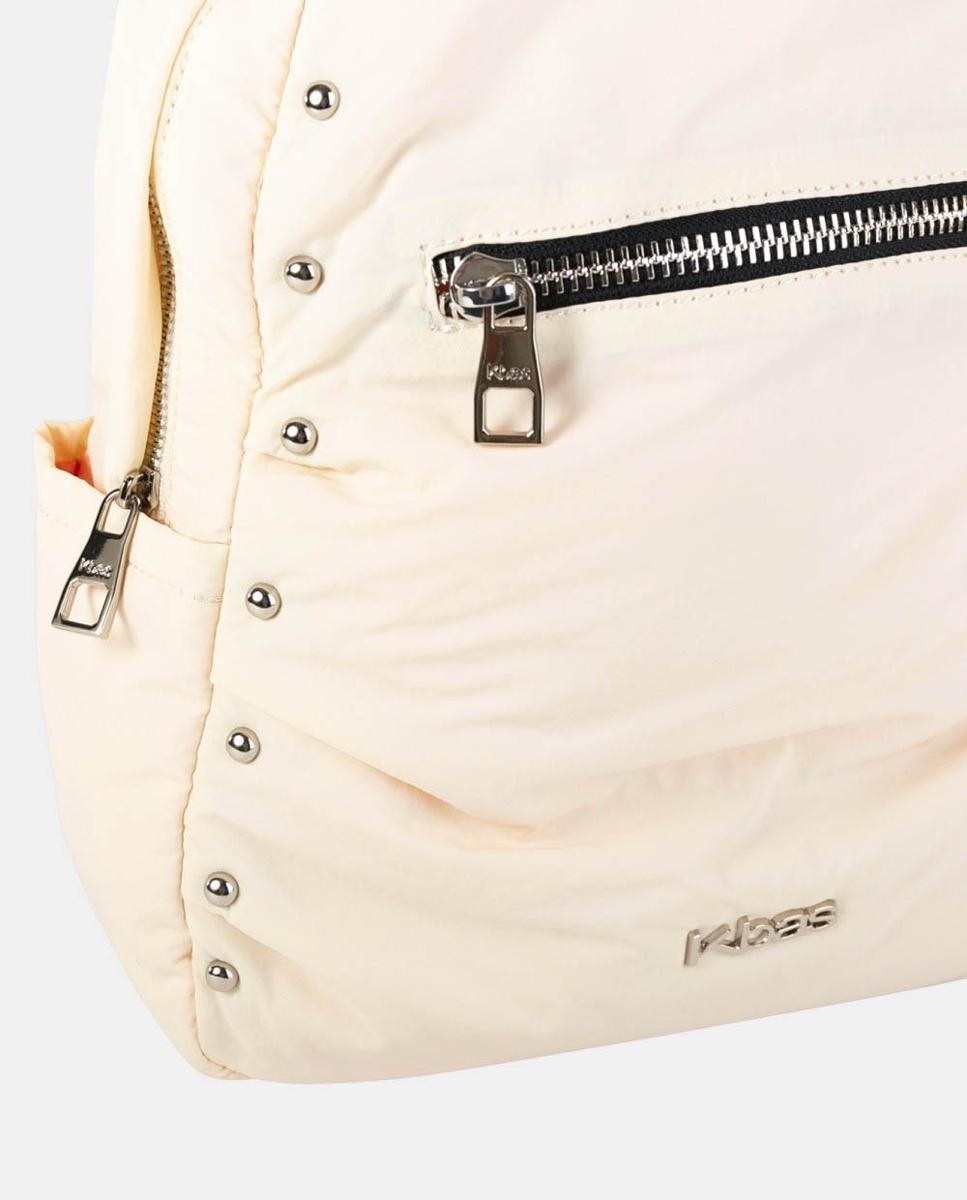 Mochila de Nylon Ligeiro com Bolso à Frente e Tachas Metálicas Cru-3