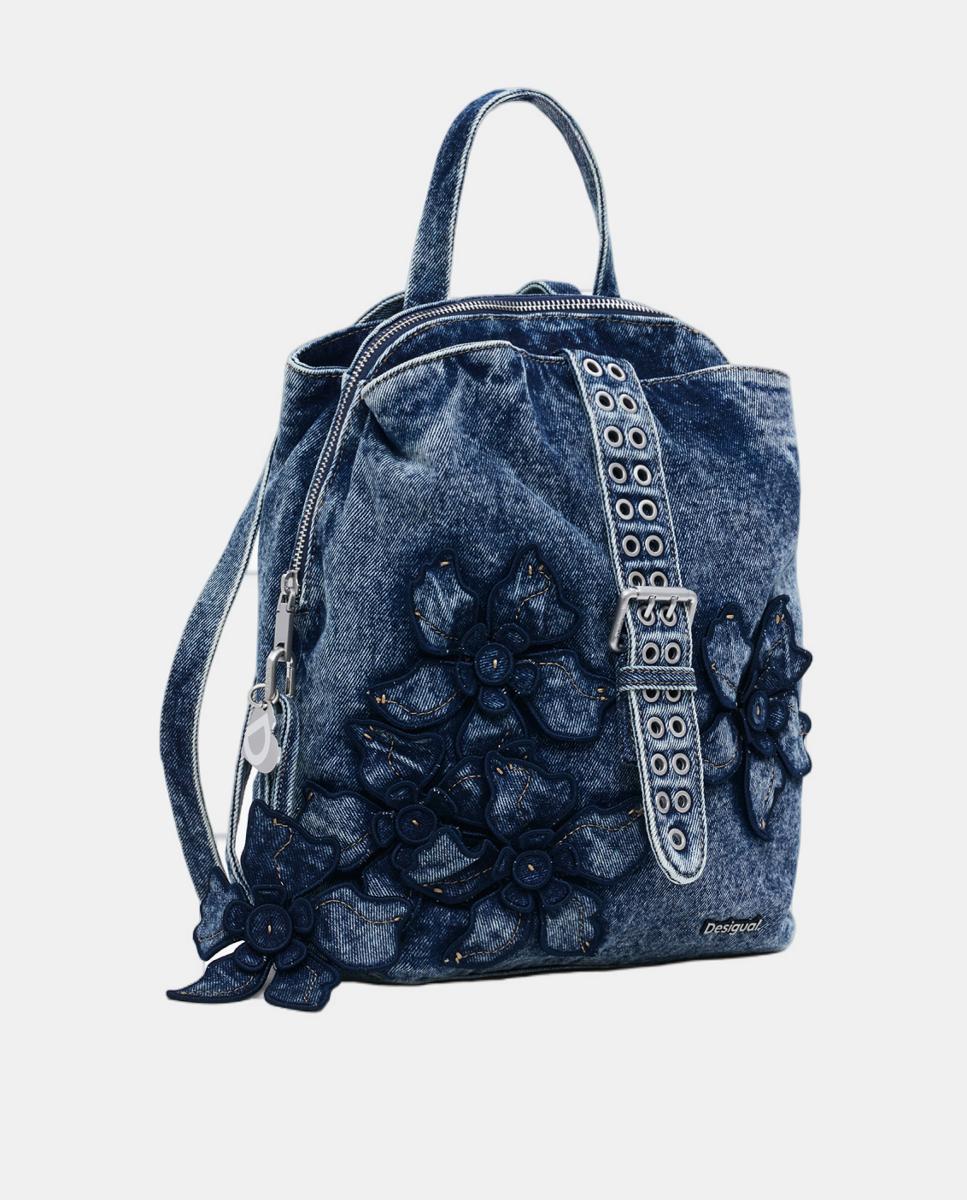 Mochila Pequena de Ganga com Estampado Floral Azul-marinho-2