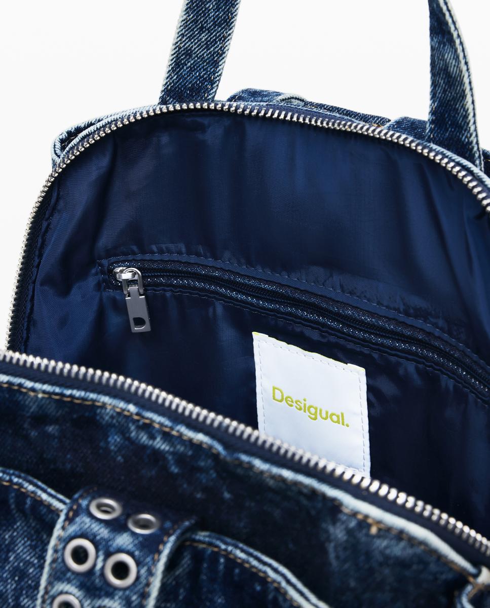 Mochila Pequena de Ganga com Estampado Floral Azul-marinho-4