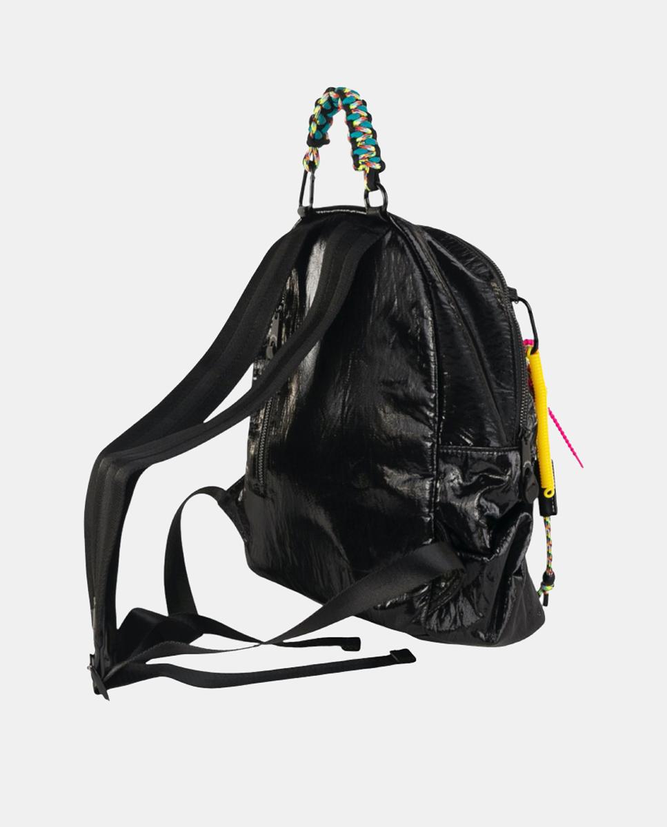 Mochila de Tamanho Médio em Nylon Crinkle com Fecho de Correr e Alça Entrelaçada Decorativa Preto-2