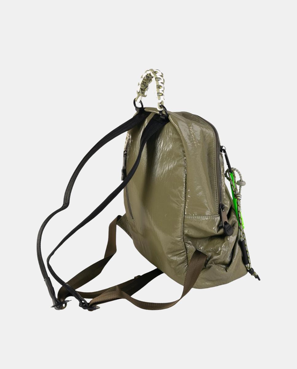 Mochila de Tamanho Médio em Nylon Crinkle com Fecho de Correr e Alça Entrelaçada Decorativa Caqui-2