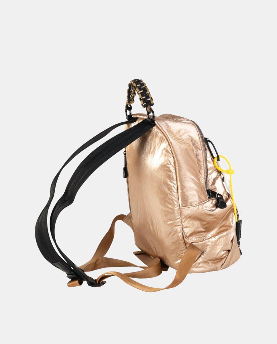Mochila de Tamanho Médio em Nylon Crinkle com Fecho de Correr e Alça Entrelaçada Decorativa Ouro-2