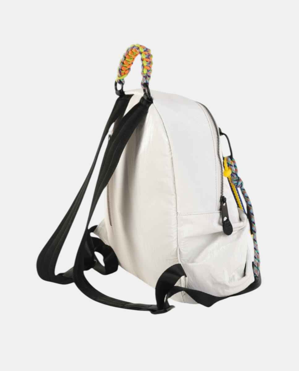 Mochila de Tamanho Médio em Nylon Crinkle com Fecho de Correr e Alça Entrelaçada Decorativa Branco-3