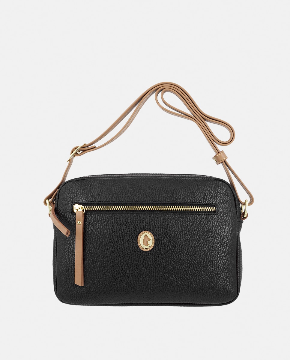 Mala a Tiracolo com Dois Bolsos Exteriores, Fecho de Correr e em Pele - Preto Preto-1