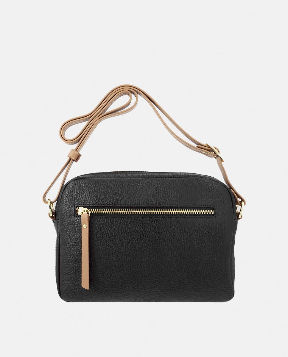 Mala a Tiracolo com Dois Bolsos Exteriores, Fecho de Correr e em Pele - Preto Preto-2