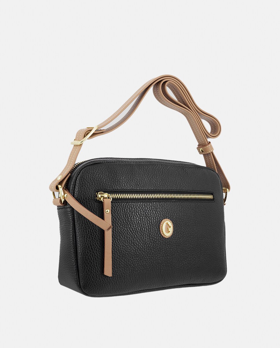 Mala a Tiracolo com Dois Bolsos Exteriores, Fecho de Correr e em Pele - Preto Preto-3