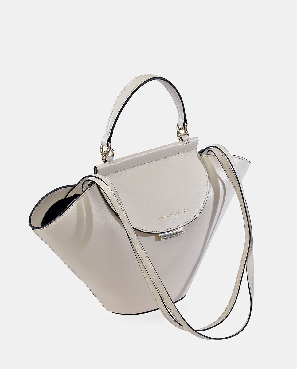 Mala Crossbody Grande em Pele Lisa com Alça de Mão e Aba Bege-2