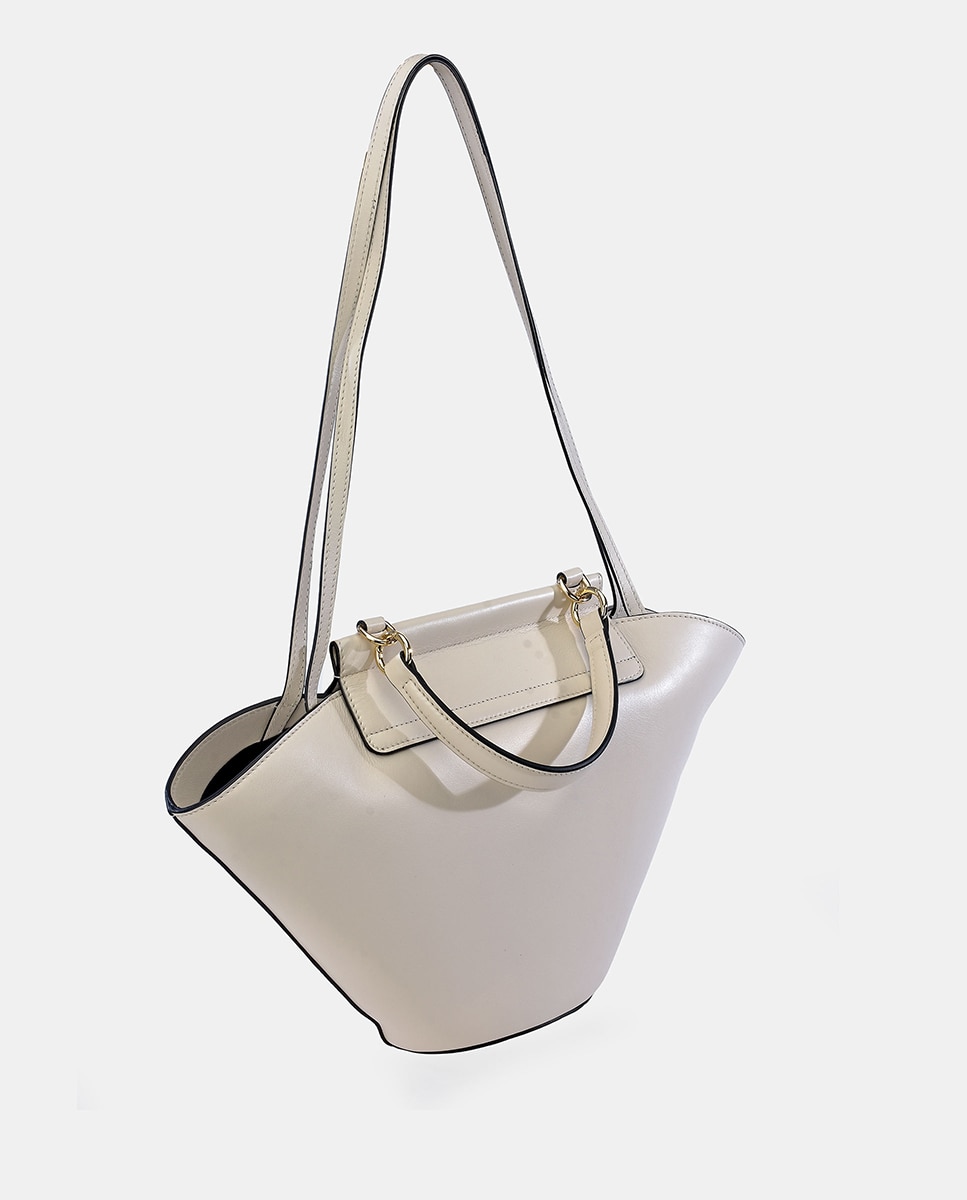 Mala Crossbody Grande em Pele Lisa com Alça de Mão e Aba Bege-3