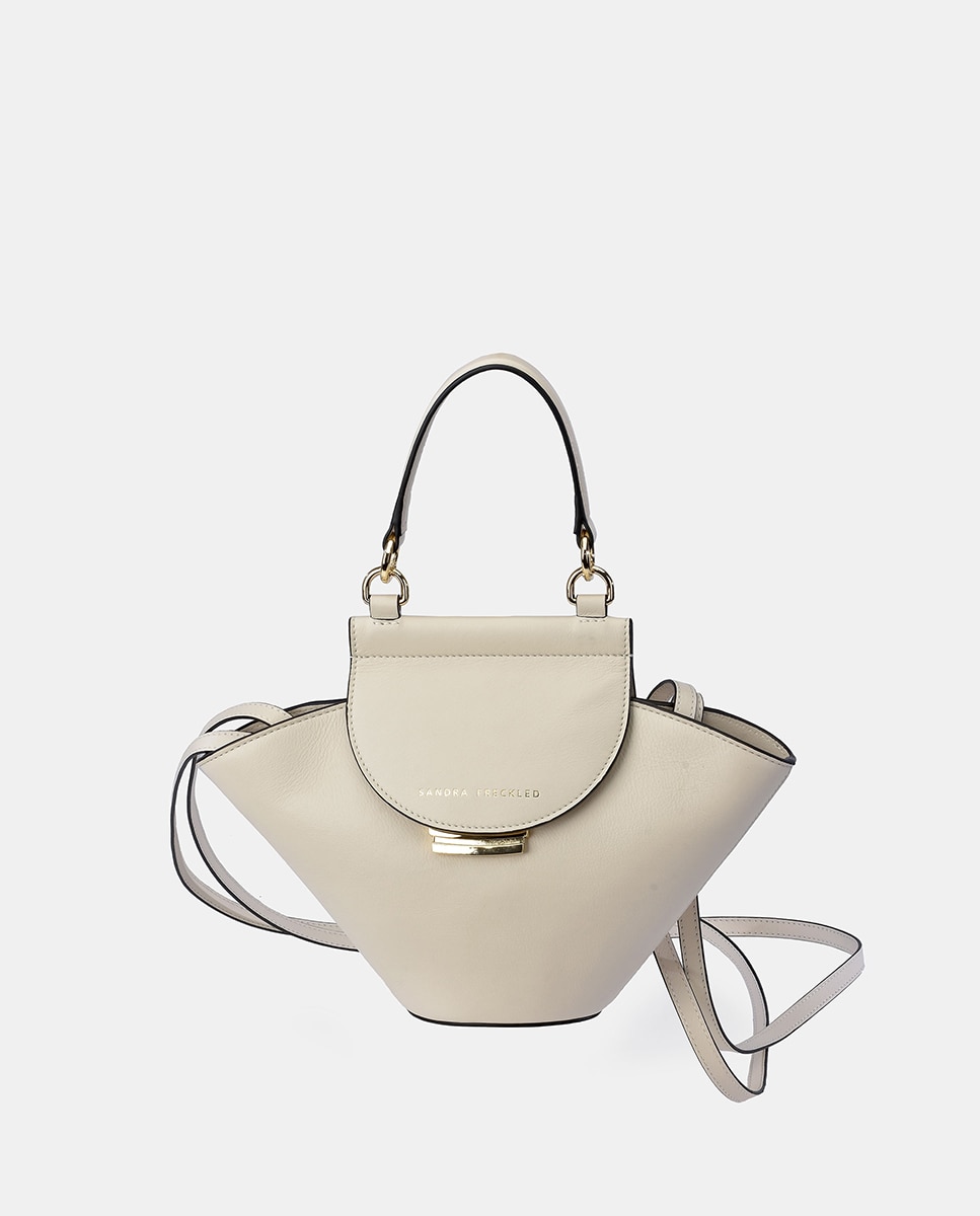 Mala Crossbody em Pele Lisa com Alça de Mão e Aba Bege-1