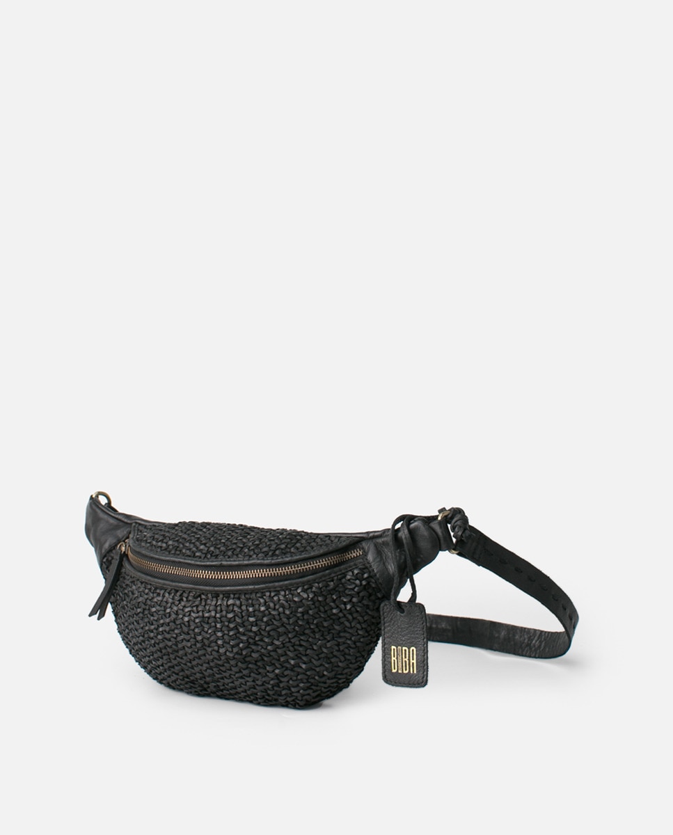 Bolsa de Cintura de Pele de Bovino Lavada Curtição Vegetal Entrançada à Mão Preto-1