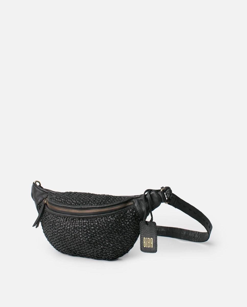 Bolsa de Cintura de Pele de Bovino Lavada Curtição Vegetal Entrançada à Mão Preto-2