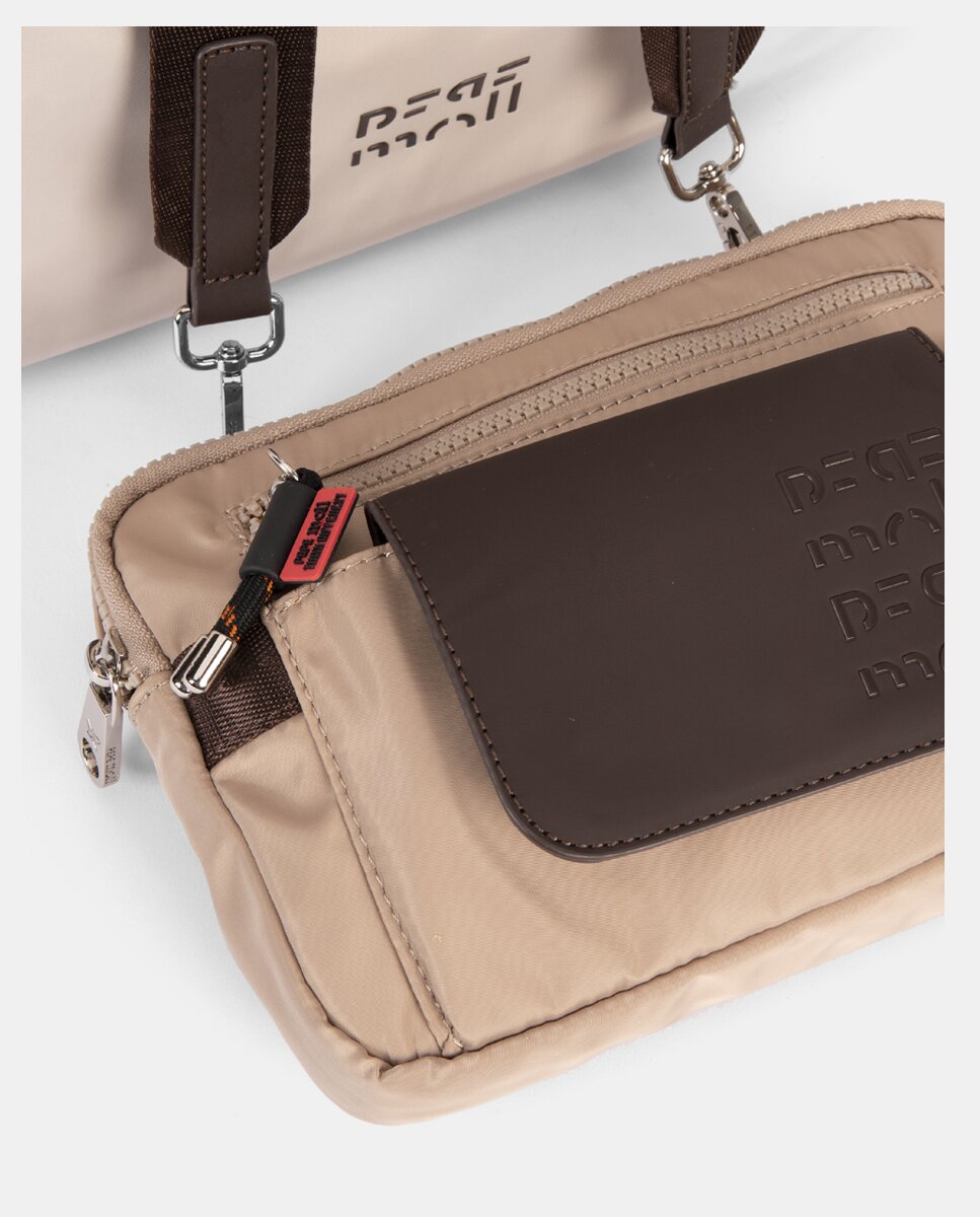 Mala Gôndola de Nylon Bicolor com Fecho de Correr e Alça Ajustável. Mala Pequena Fixa à Frente e Amovível para Usar de Forma Individual Bege-3