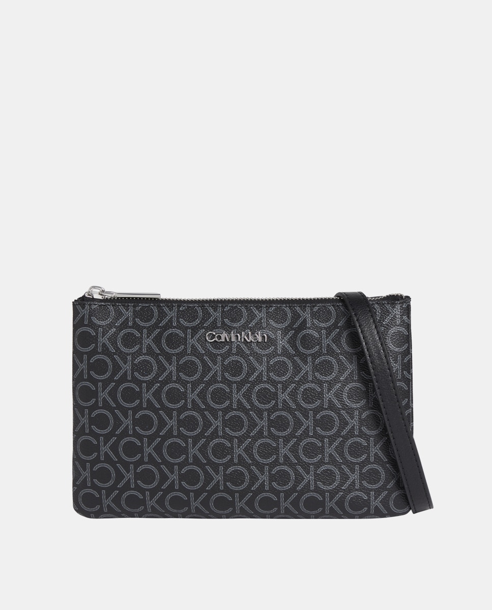 Mala a tiracolo plana preta com estampado de monograma Preto-1