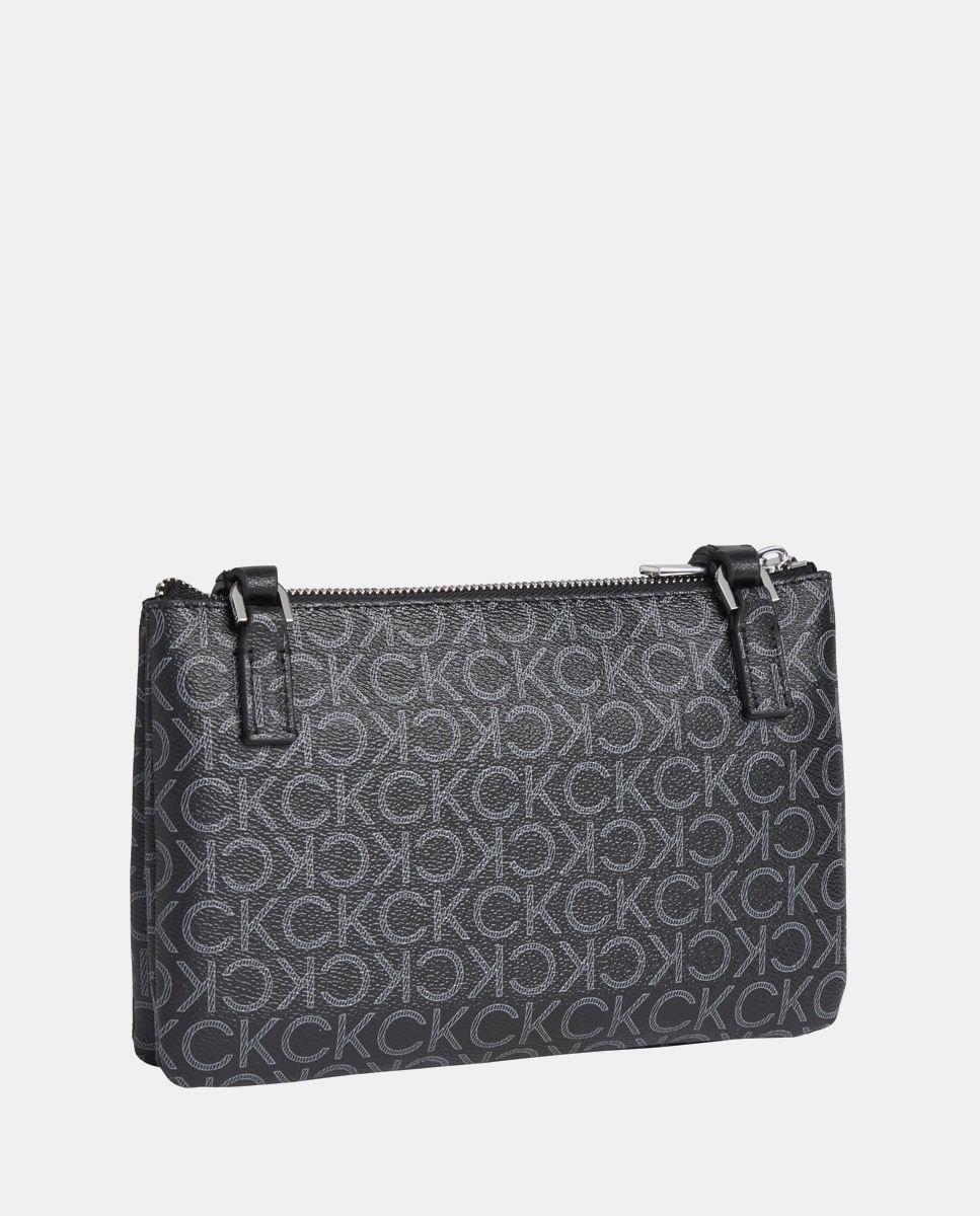 Mala a tiracolo plana preta com estampado de monograma Preto-2