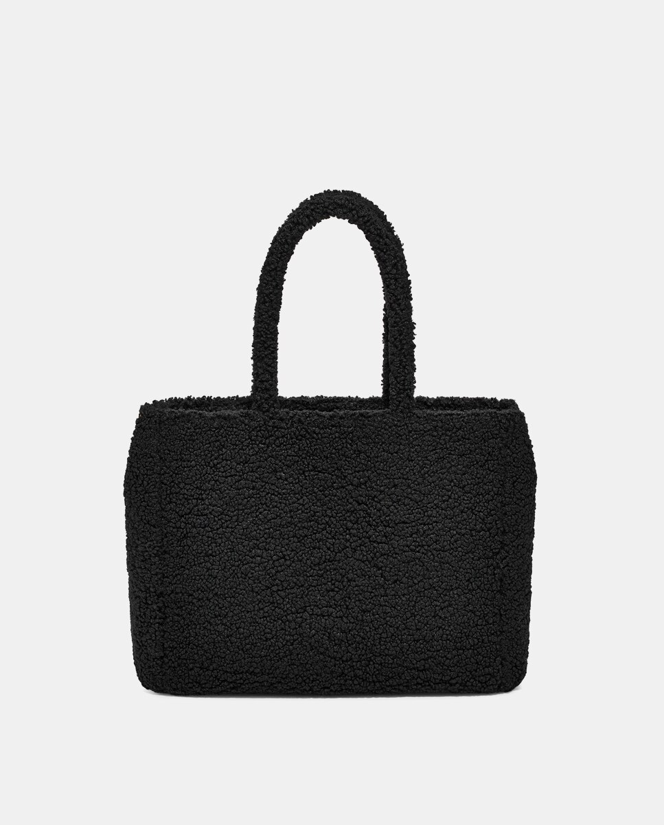 Mala Tipo Tote Grande Adrina de Pelo de Borrego - Preto Preto-3