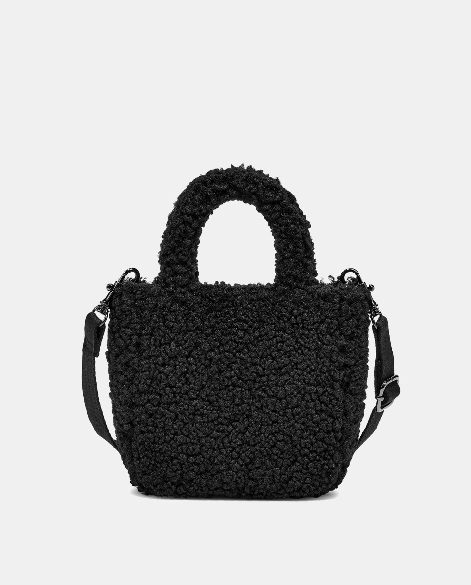Mala de Mão Mini Maribel com Alça de Tiracolo e em Pelo de Borrego - Preto Preto-3