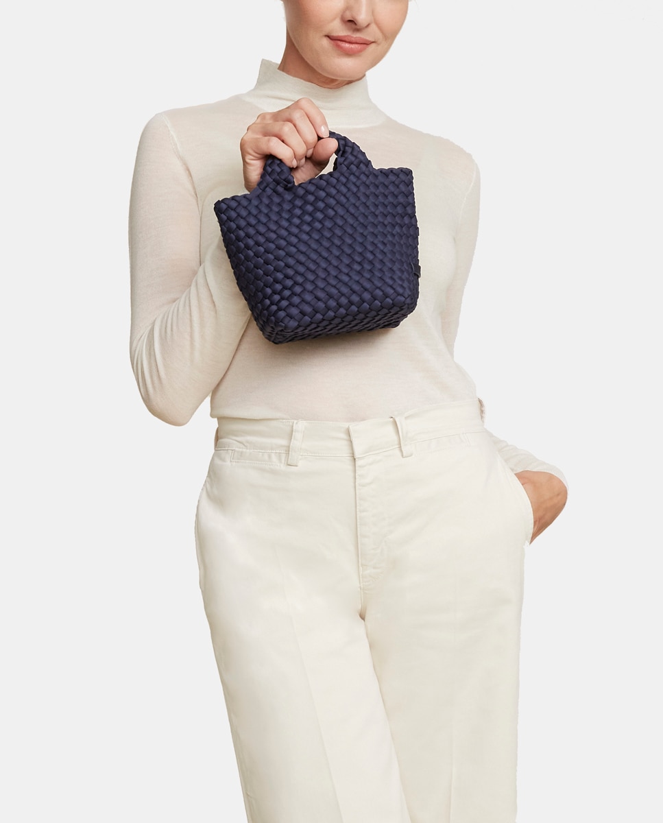 Mala Tipo Tote Pequena Entrançada com Alça de Tiracolo Amovível Azul-2