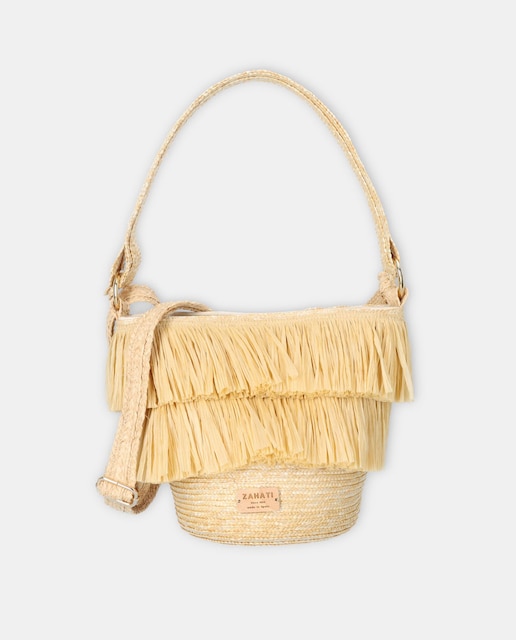 Bolso de hombro Pepa L combinado de paja y rafia en natural con flecos