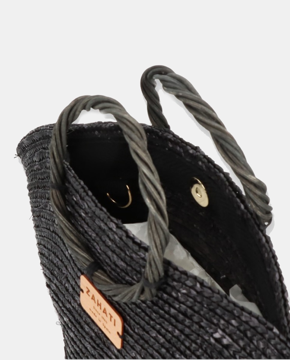 Mala de Mão Mini Hatbag com Alça Rígida e de Palha e Vime - Preto Preto-5