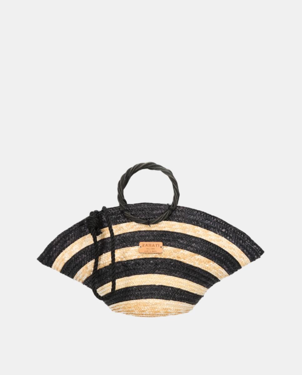 Imagem 0 de Mala de Mão Mini Hatbag às Riscas Bicolor e em Palha e Vime - Branco/Preto
