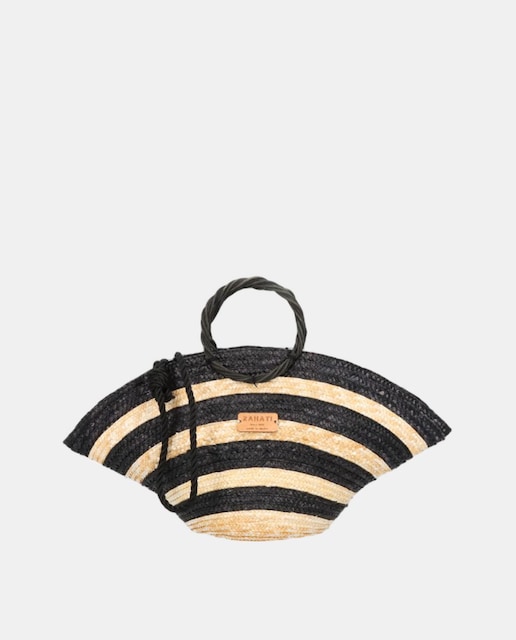 Imagem 0 de Mala de Mão Mini Hatbag às Riscas Bicolor e em Palha e Vime - Branco/Preto