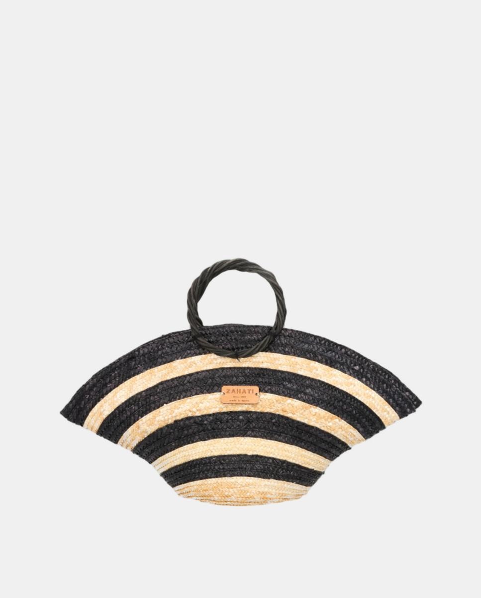 Mala de Mão Mini Hatbag às Riscas Bicolor e em Palha e Vime - Branco/Preto Multicolor-2