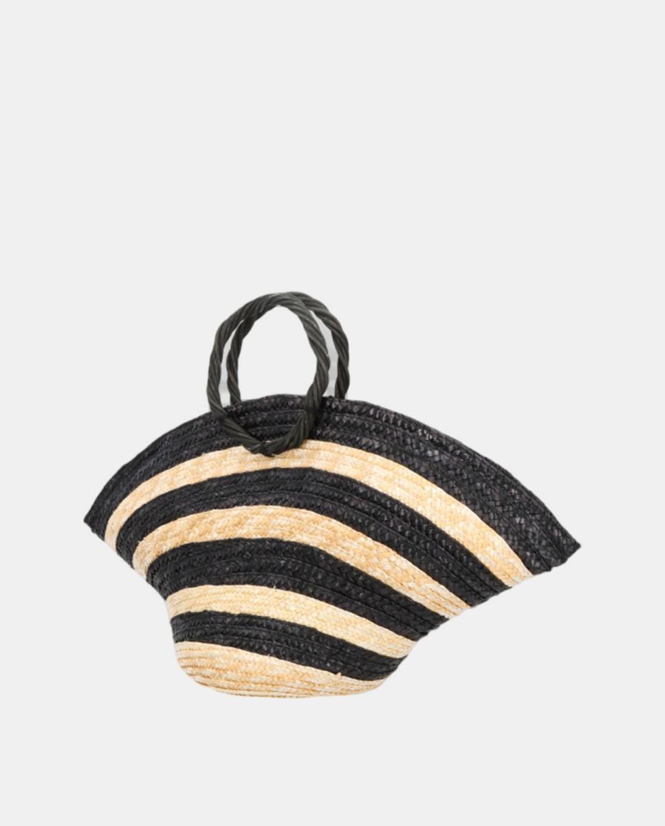 Mala de Mão Mini Hatbag às Riscas Bicolor e em Palha e Vime - Branco/Preto Multicolor-3