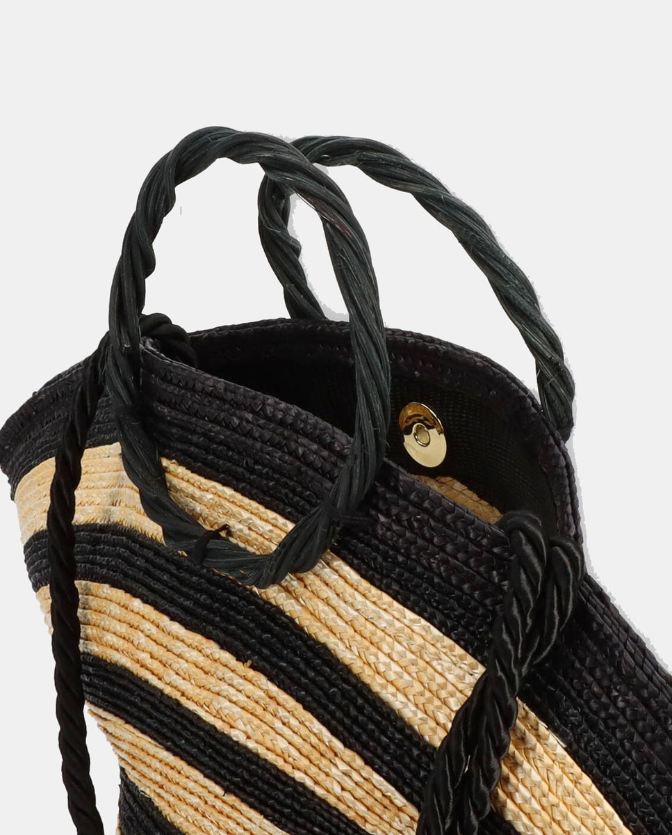 Mala de Mão Mini Hatbag às Riscas Bicolor e em Palha e Vime - Branco/Preto Multicolor-5