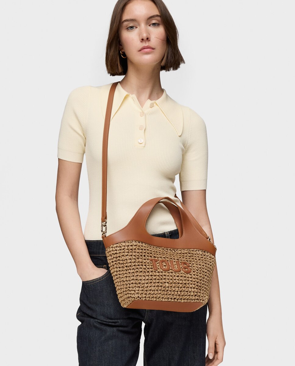 Bolso capazo mediano de rafia con cierre de cordones y asa regulable - Tous - Camel Camel-2