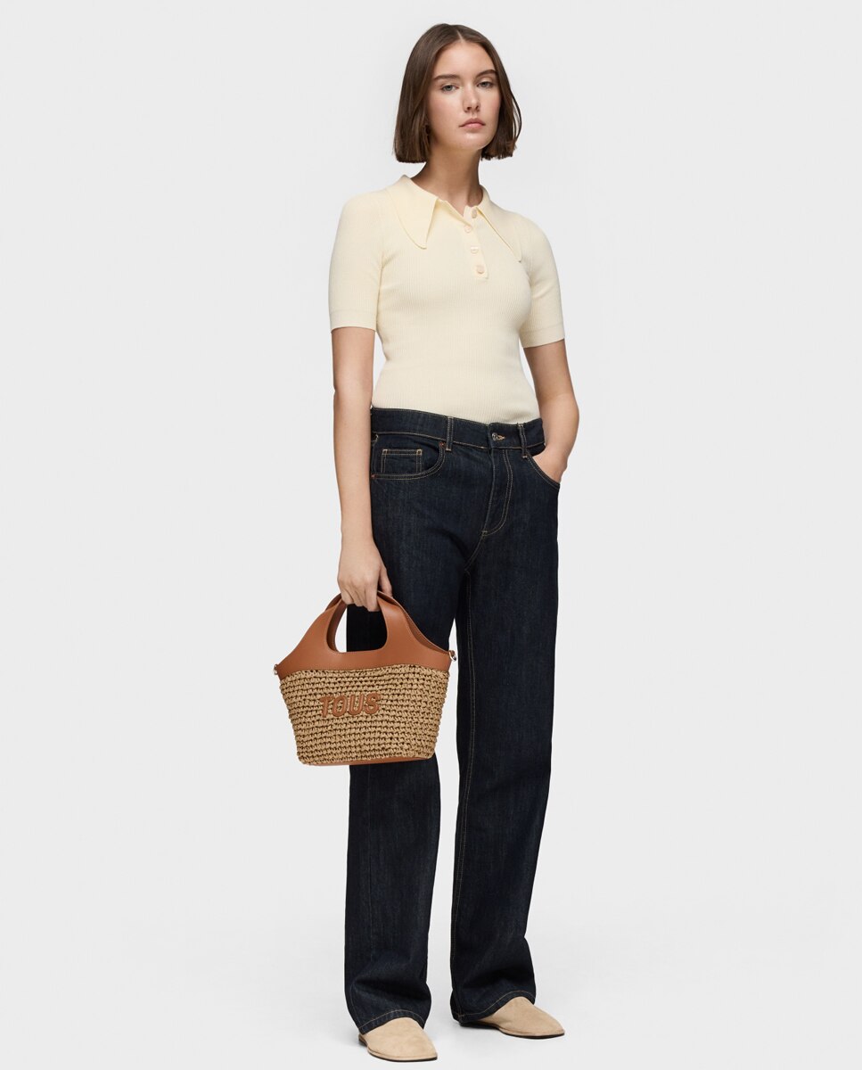 Bolso capazo mediano de rafia con cierre de cordones y asa regulable - Tous - Camel Camel-3
