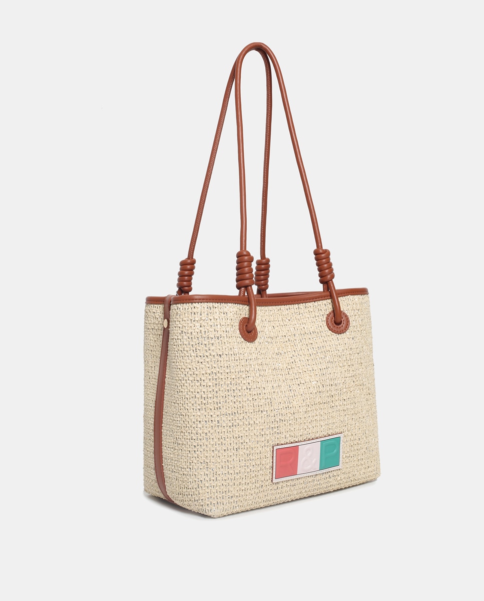 Mala Shopper em PU e Ráfia Camel-1