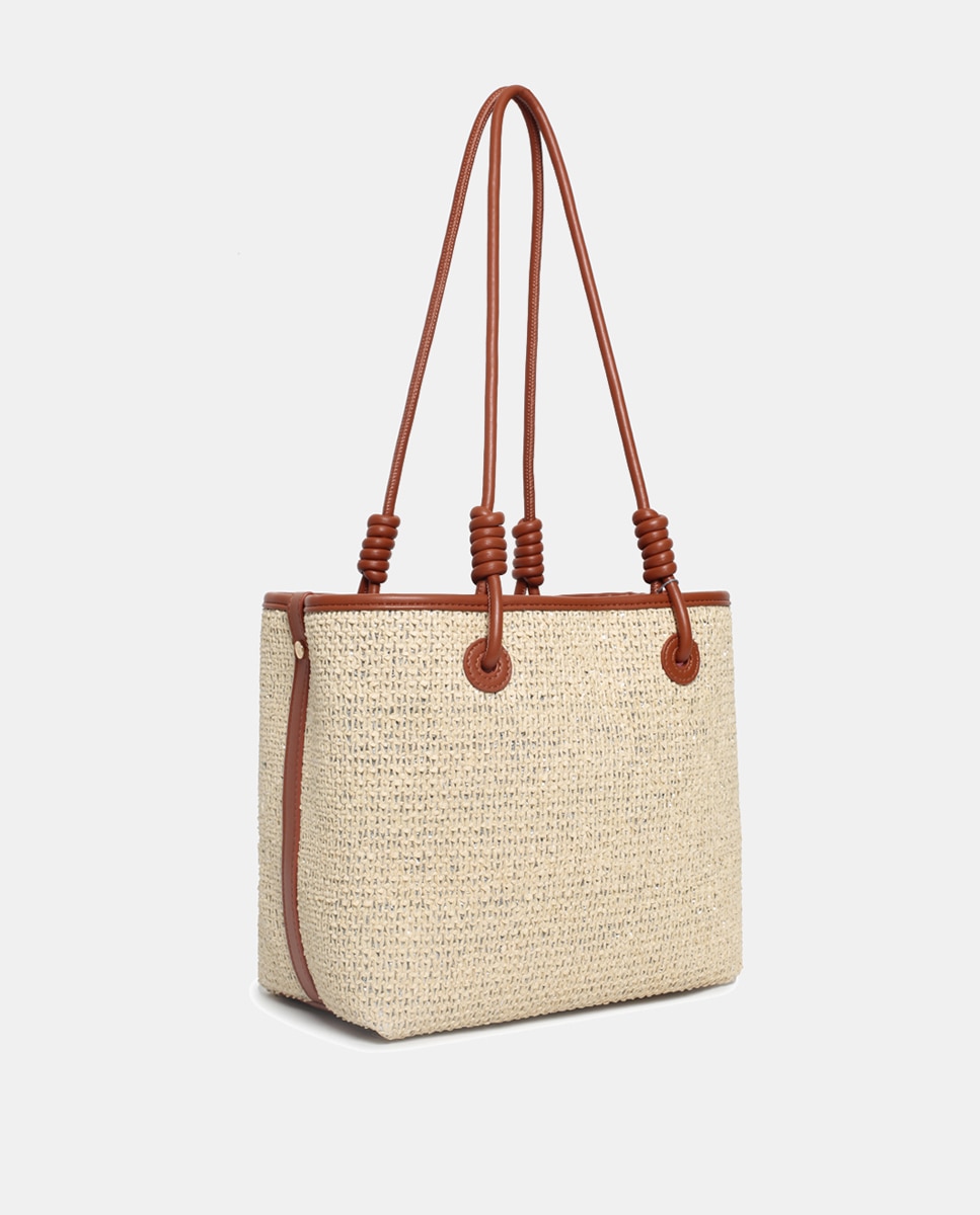 Mala Shopper em PU e Ráfia Camel-2