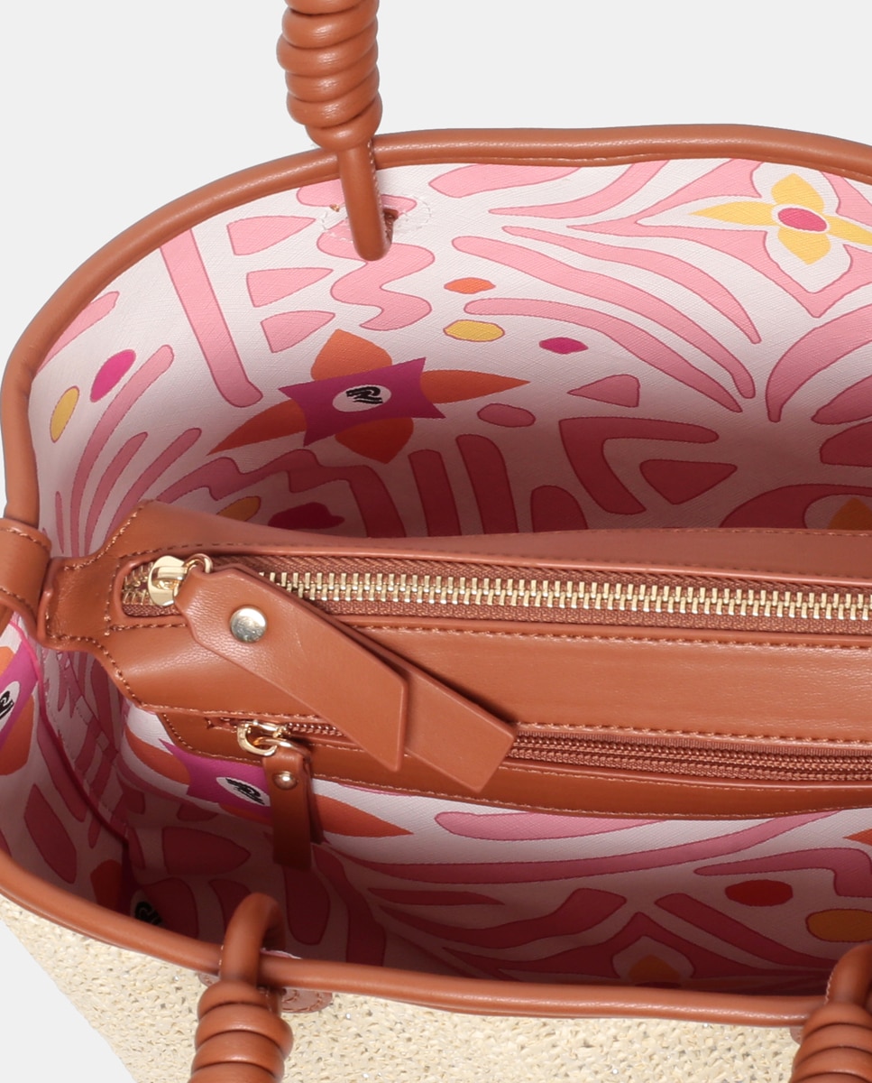 Mala Shopper em PU e Ráfia Camel-3