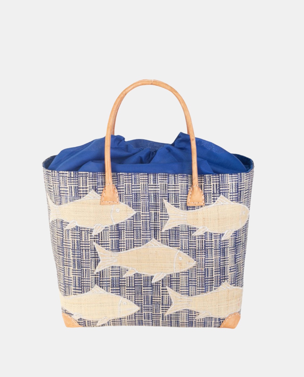 Cesta de Ráfia Natural com Apliques de Patch Azul-1