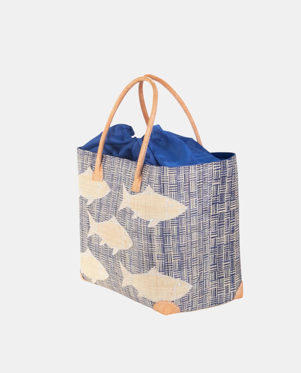 Cesta de Ráfia Natural com Apliques de Patch Azul-2