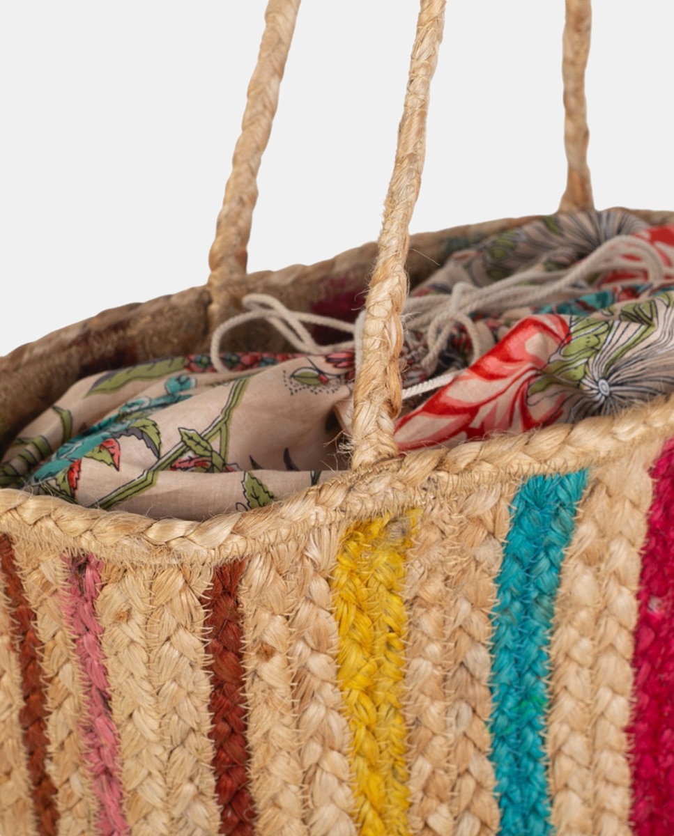 Mala Tipo Tote de Juta às Riscas Multicolor-3