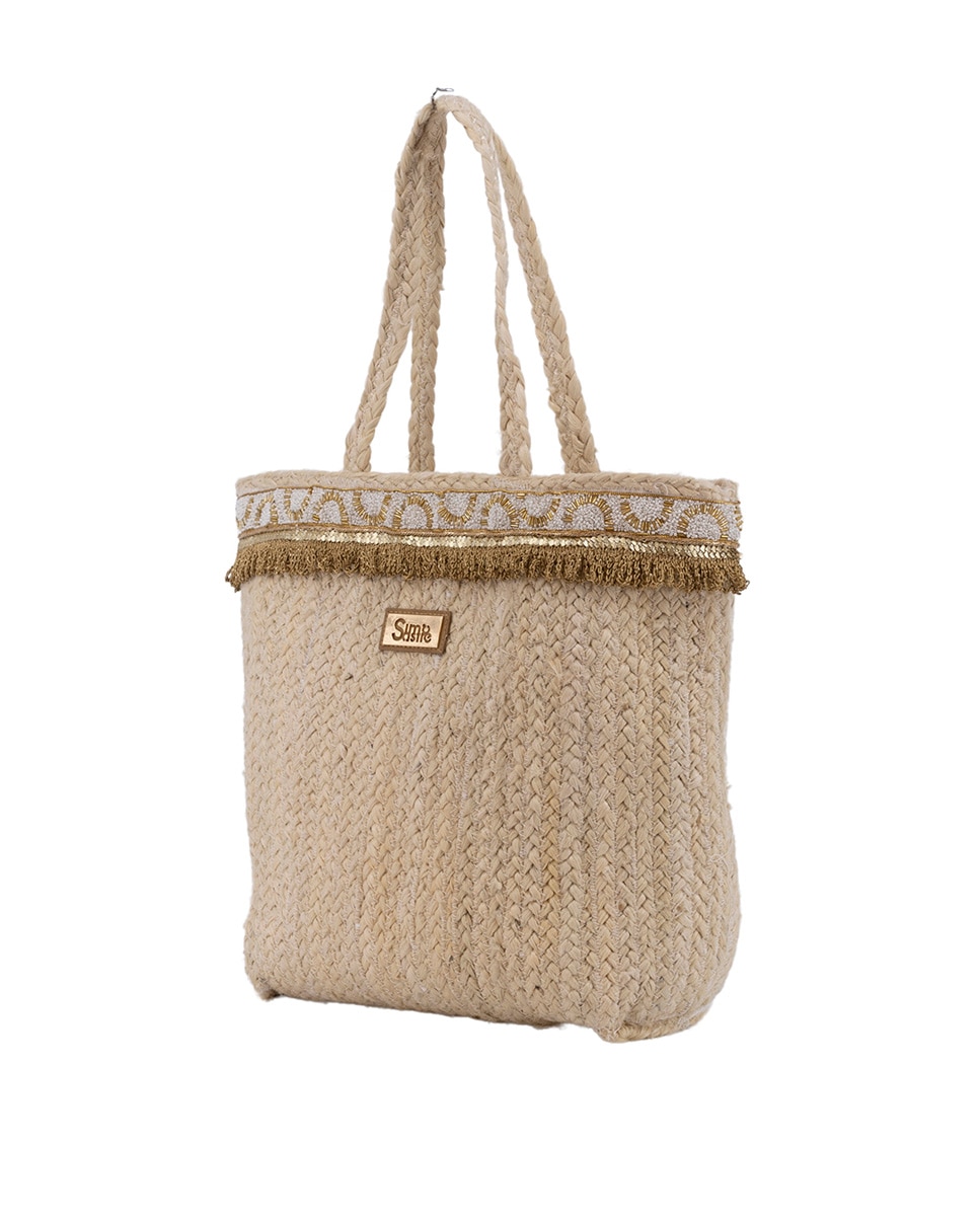 Mala Shopper Maxi de Juta Combinada com Passamanaria Dourada Bege-1