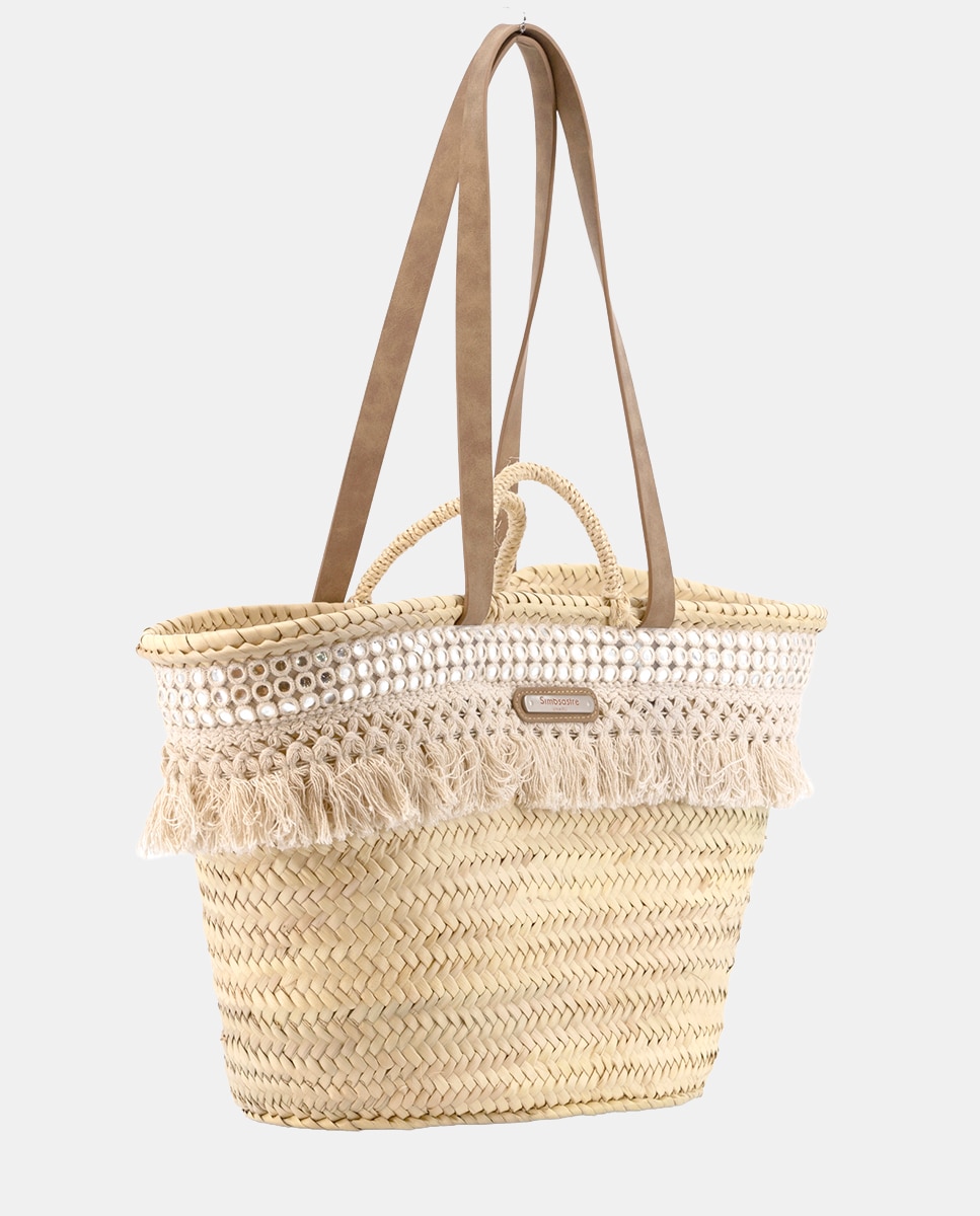 Cesta Média de 8 Voltas de Palma Natural Combinada com Franjas e Espelhos Bege-3