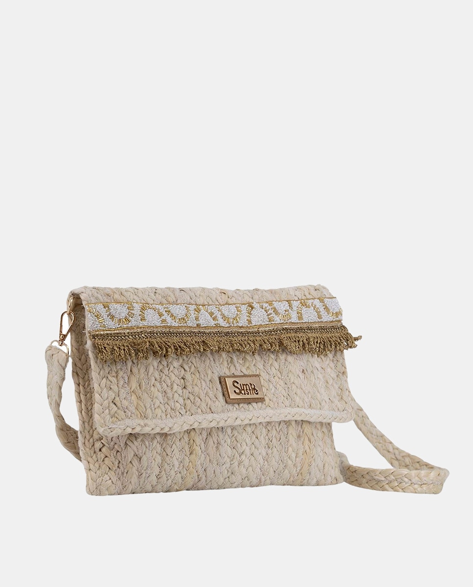 Carteira Tipo Mala Clutch a Tiracolo de Juta Combinada com Passamanaria Dourada Bege-3
