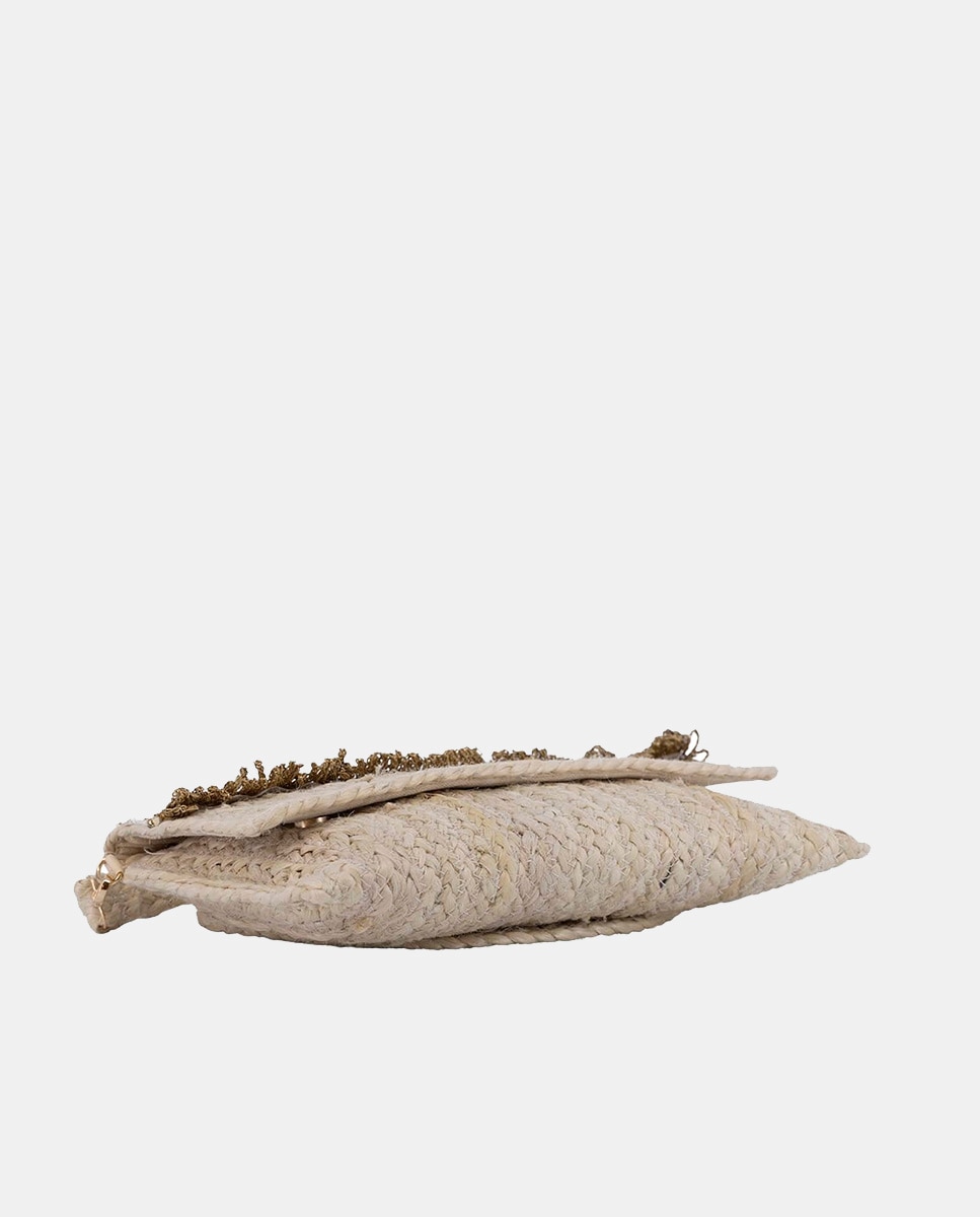 Carteira Tipo Mala Clutch a Tiracolo de Juta Combinada com Passamanaria Dourada Bege-5