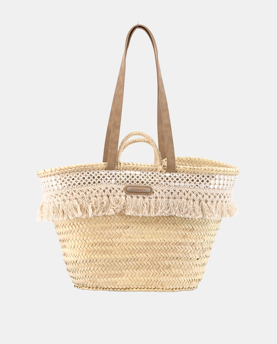 Cesta Grande de 10 Voltas de Palma Natural Combinada com Franjas e Espelhos Bege-1