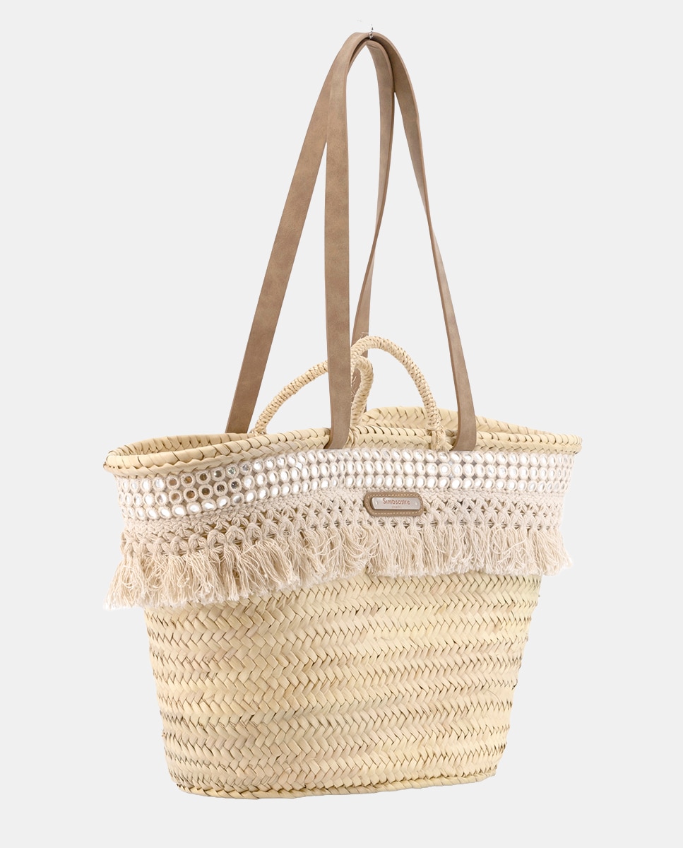 Cesta Grande de 10 Voltas de Palma Natural Combinada com Franjas e Espelhos Bege-2